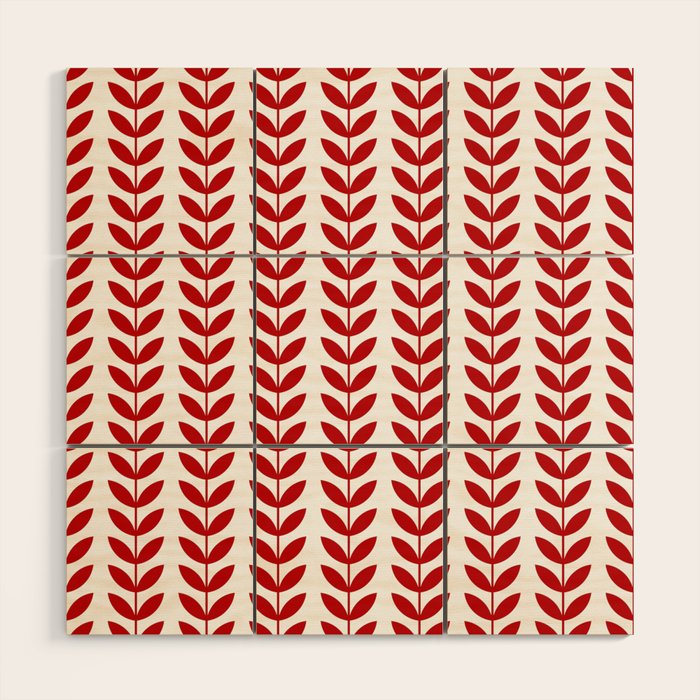 Red Scandinavian leaves pattern Wood Wall Art Gallery Image 1