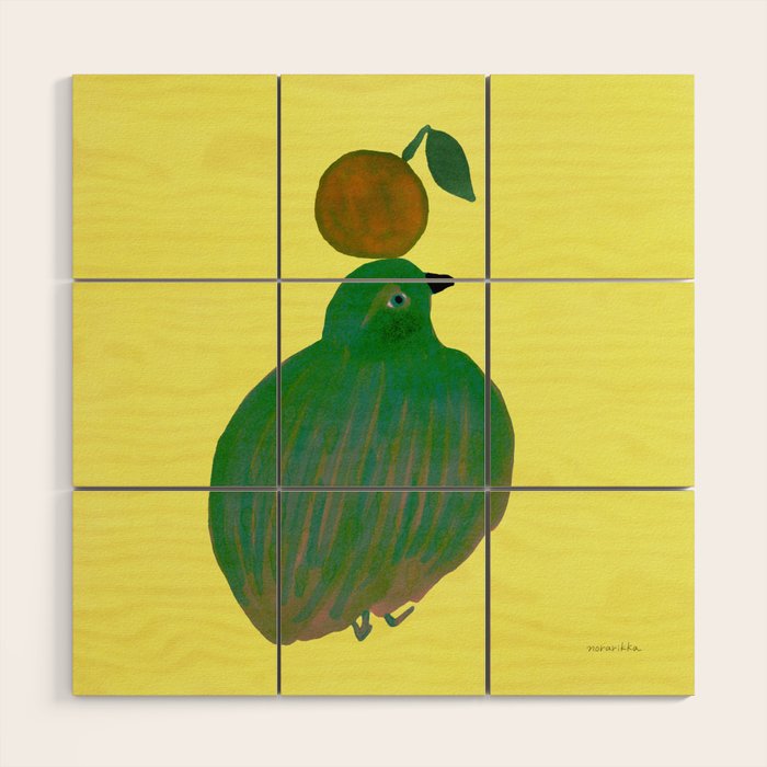 Fat Round Bird and Orange - Green and Yellow Wood Wall Art Gallery Image 1