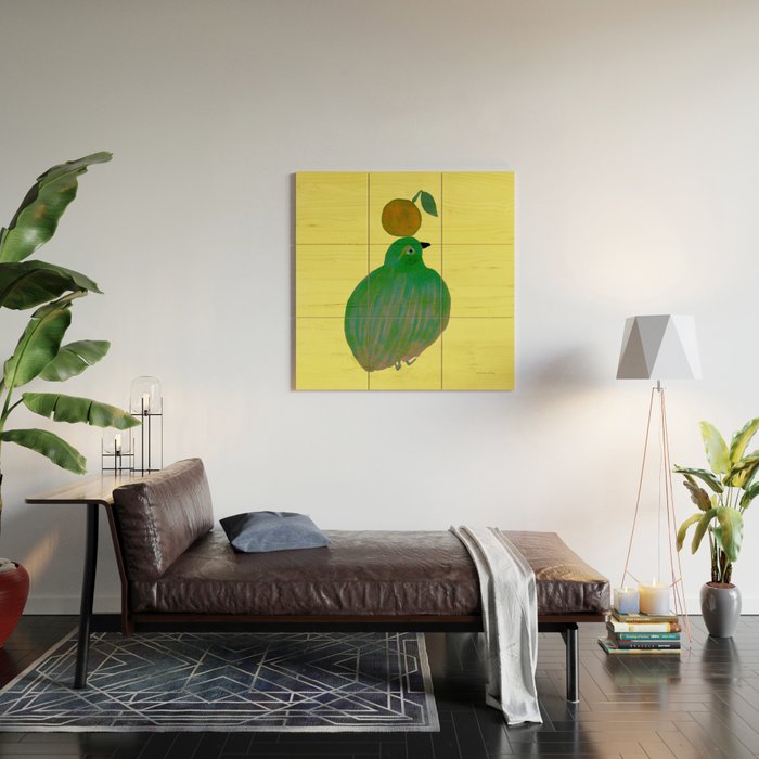 Fat Round Bird and Orange - Green and Yellow Wood Wall Art Gallery Image 2