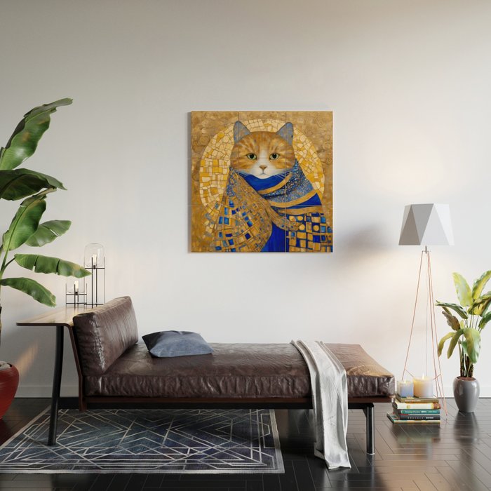 Klimt Tabby Cat with Green Eyes Wood Wall Art Gallery Image 2
