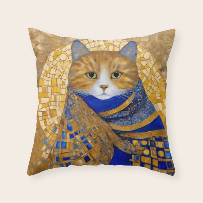 Klimt Tabby Cat with Green Eyes Throw Pillow Gallery Image 1