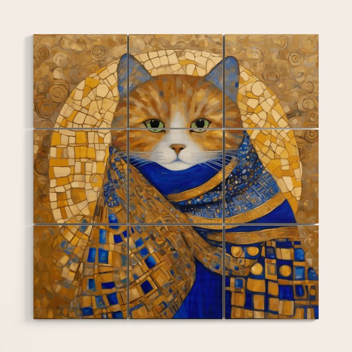 Klimt Tabby Cat with Green Eyes Wood Wall Art Gallery Image 1