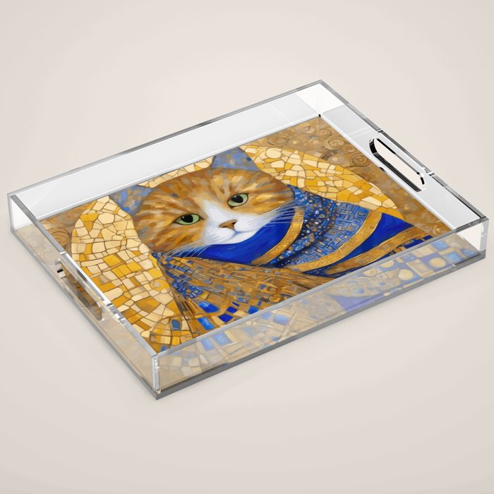 Klimt Tabby Cat with Green Eyes Acrylic Tray Gallery Image 1
