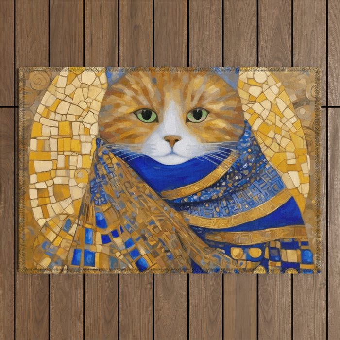 Klimt Tabby Cat with Green Eyes Outdoor Rug Gallery Image 1