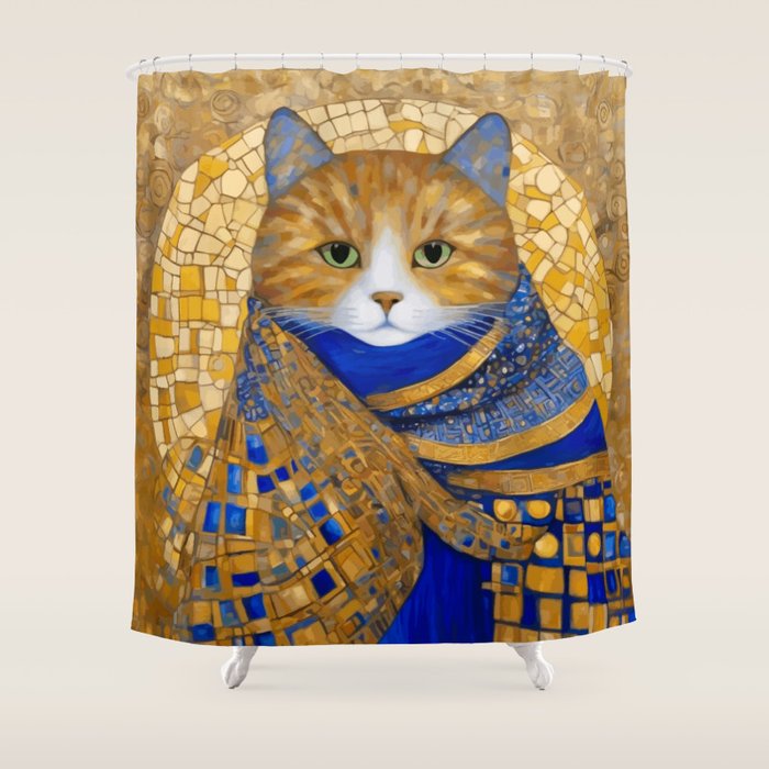 Klimt Tabby Cat with Green Eyes Shower Curtain Gallery Image 1