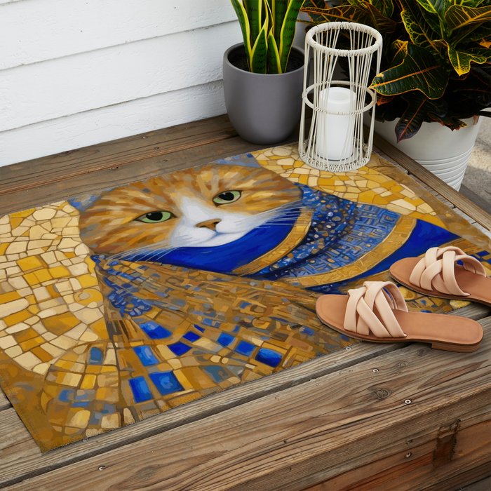 Klimt Tabby Cat with Green Eyes Outdoor Rug Gallery Image 2