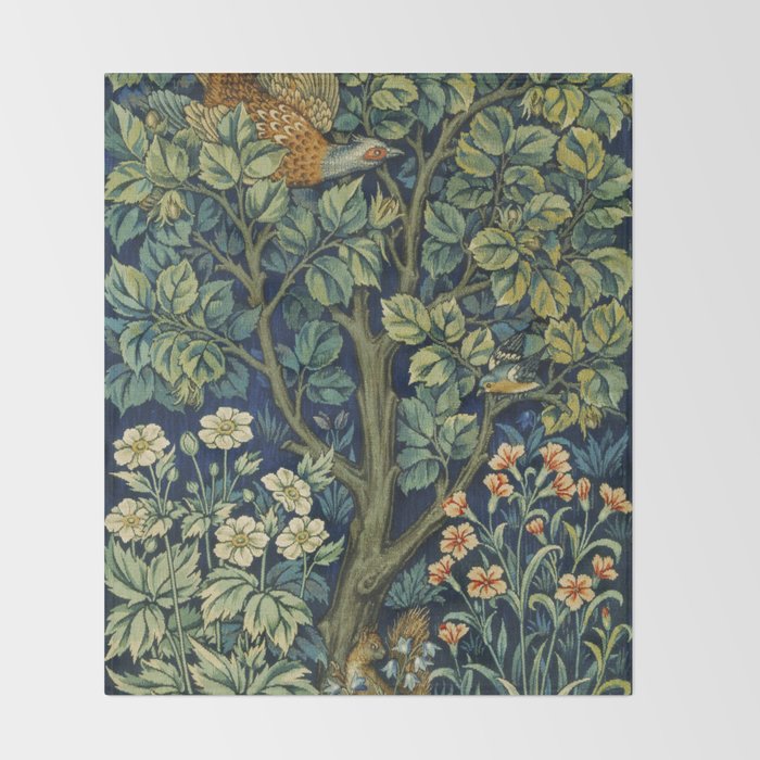 Vintage William Morris pattern pheasant and squirrel Throw Blanket Gallery Image 2