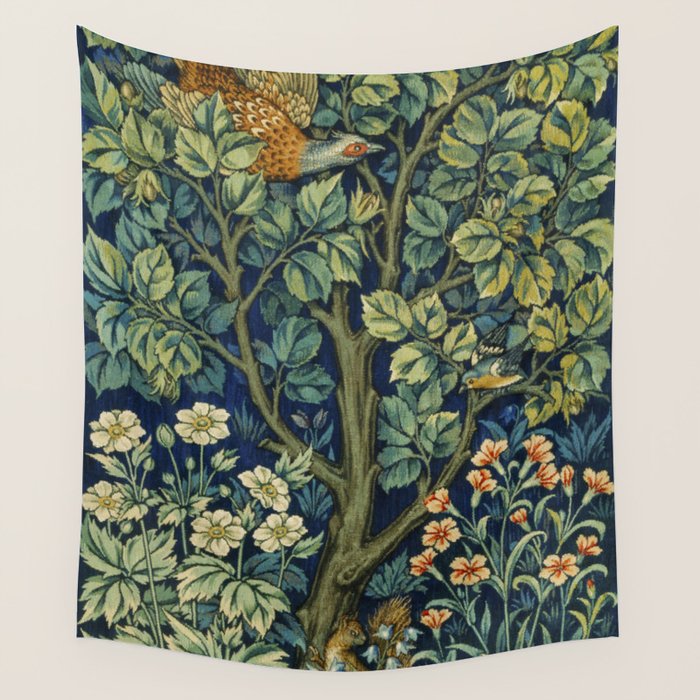 Vintage William Morris pattern pheasant and squirrel Wall Tapestry Gallery Image 1