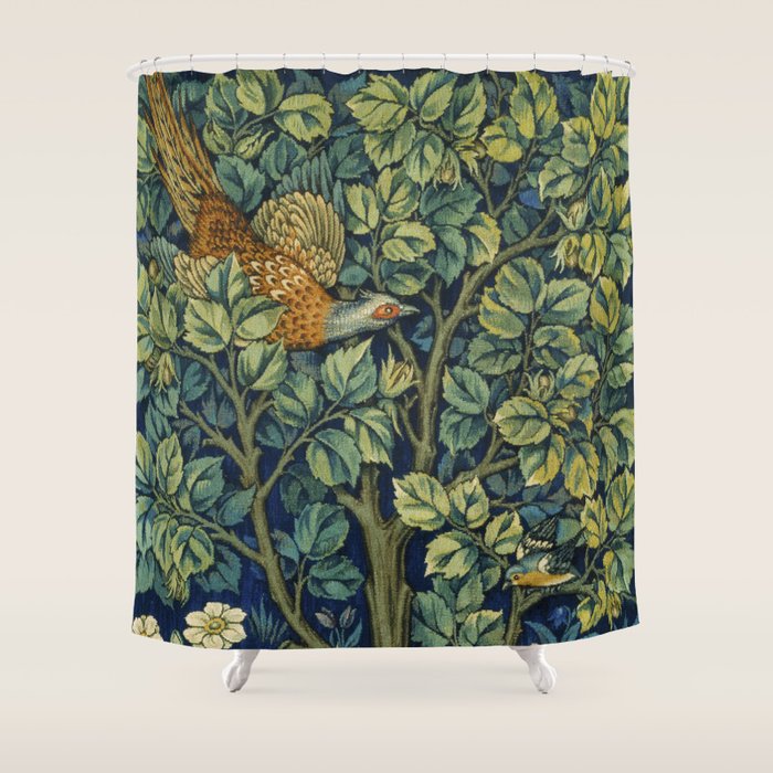 Vintage William Morris pattern pheasant and squirrel Shower Curtain Gallery Image 1