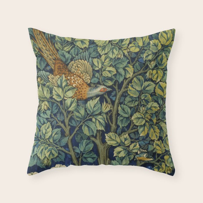 Vintage William Morris pattern pheasant and squirrel Throw Pillow Gallery Image 1
