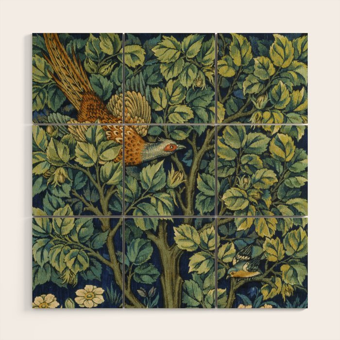 Vintage William Morris pattern pheasant and squirrel Wood Wall Art Gallery Image 1