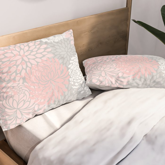 Festive, Floral Prints, Bloom Mix, White and Pink on Grey Pillow Sham Gallery Image 2