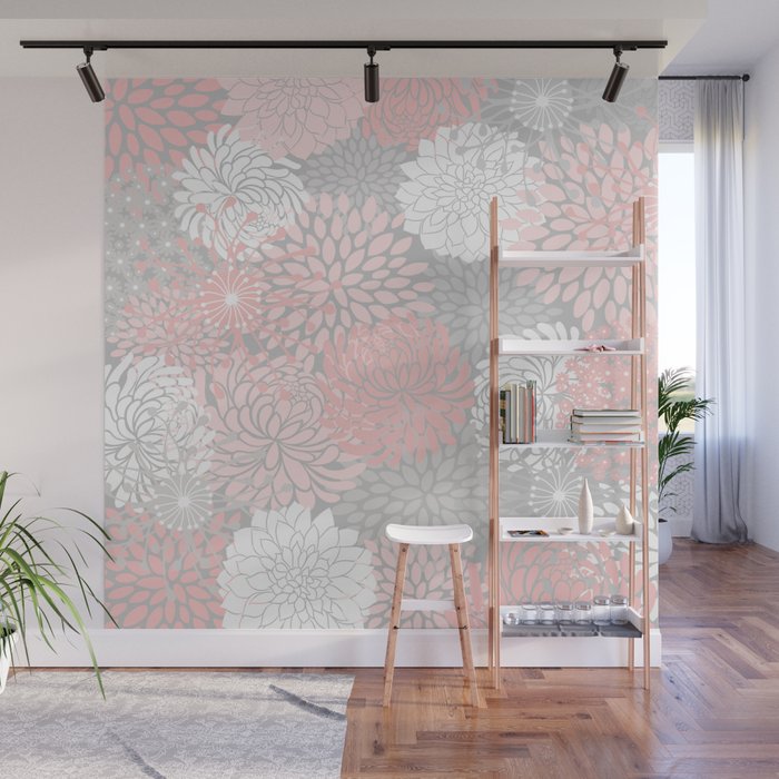 Festive, Floral Prints, Bloom Mix, White and Pink on Grey Wall Mural Gallery Image 1