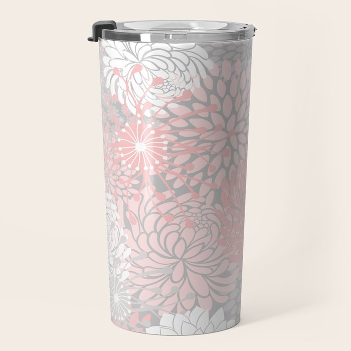 Festive, Floral Prints, Bloom Mix, White and Pink on Grey Travel Mug Gallery Image 3