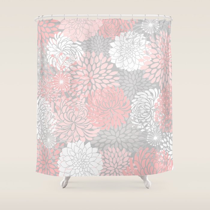 Festive, Floral Prints, Bloom Mix, White and Pink on Grey Shower Curtain Gallery Image 1