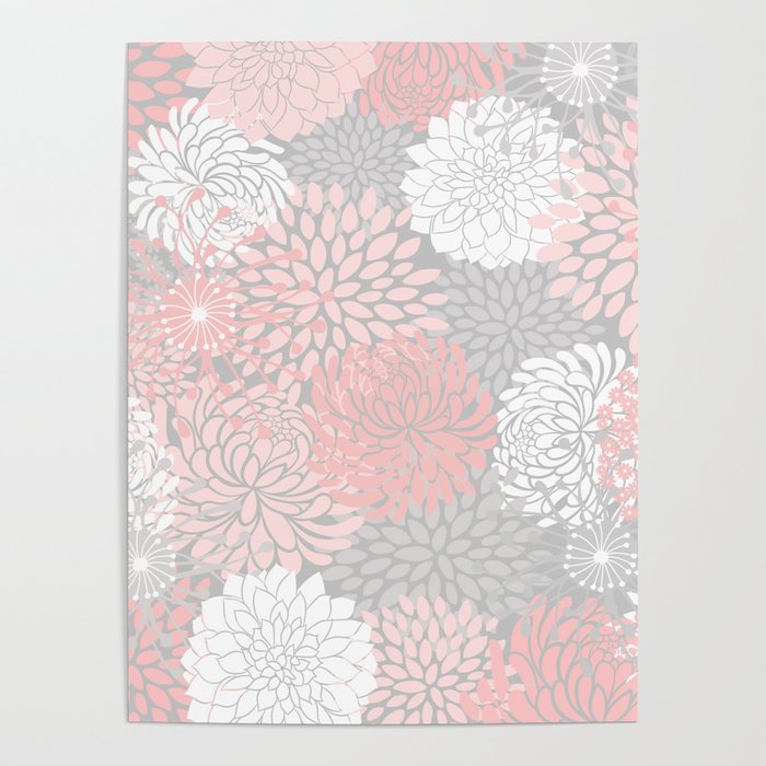 Festive, Floral Prints, Bloom Mix, White and Pink on Grey Poster Gallery Image 4