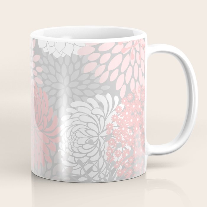 Festive, Floral Prints, Bloom Mix, White and Pink on Grey Coffee Mug Gallery Image 1