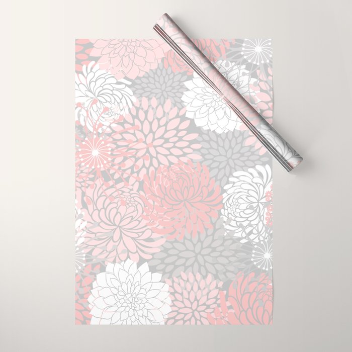 Festive, Floral Prints, Bloom Mix, White and Pink on Grey Wrapping Paper Gallery Image 1