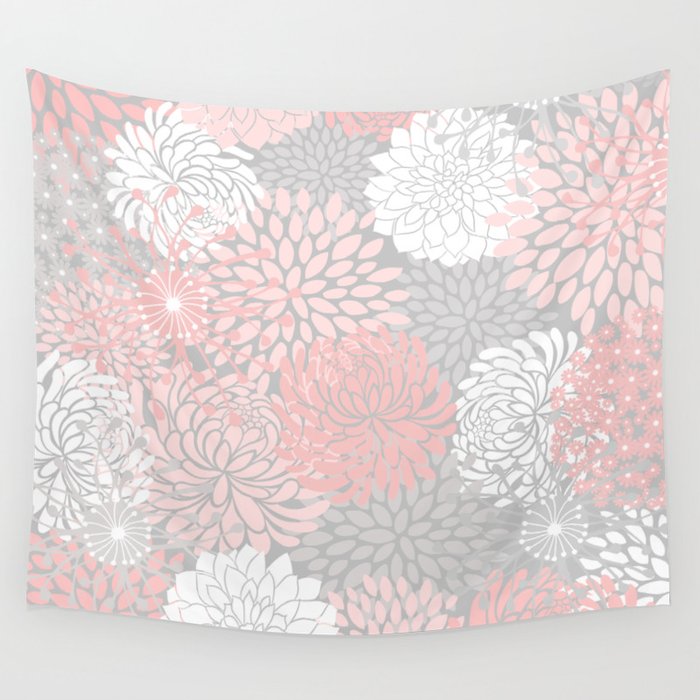 Festive, Floral Prints, Bloom Mix, White and Pink on Grey Wall Tapestry Gallery Image 4