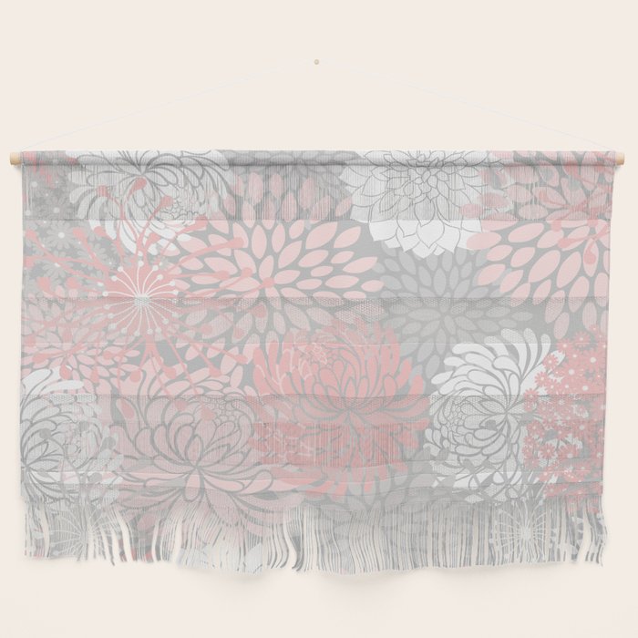 Festive, Floral Prints, Bloom Mix, White And Pink On Grey Wall Hanging