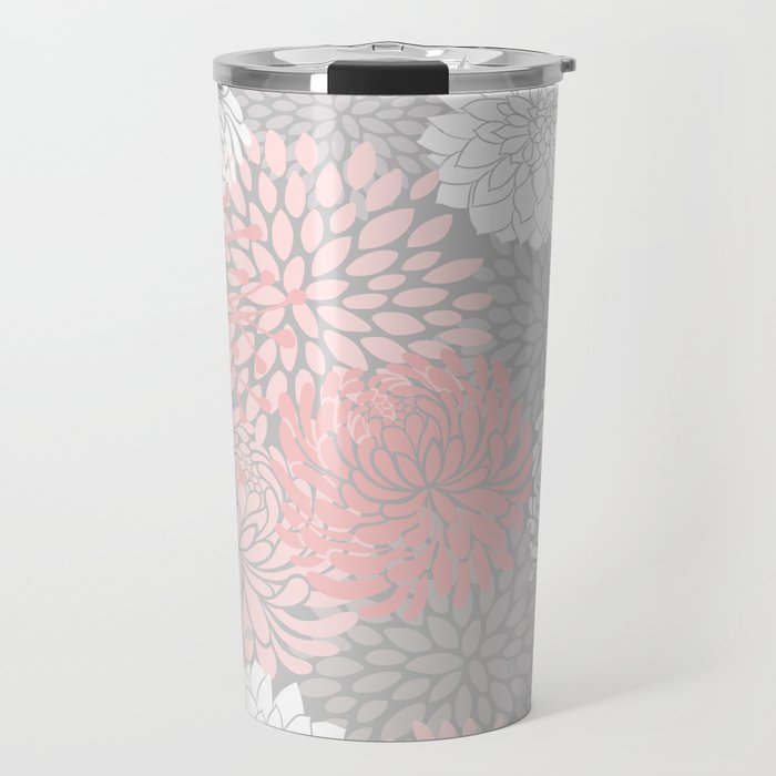 Festive, Floral Prints, Bloom Mix, White and Pink on Grey Travel Mug Gallery Image 1