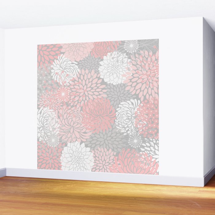 Festive, Floral Prints, Bloom Mix, White and Pink on Grey Wall Mural Gallery Image 2