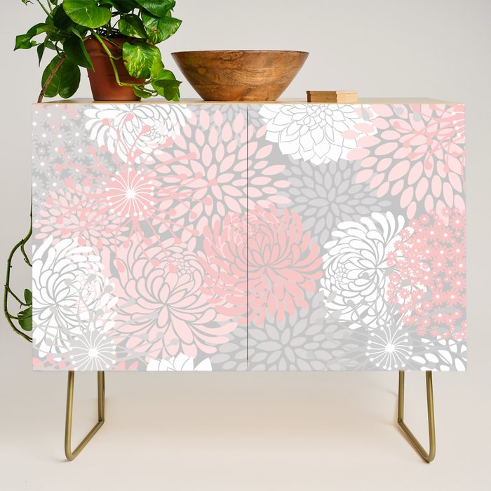 Festive, Floral Prints, Bloom Mix, White and Pink on Grey Credenza Gallery Image 1