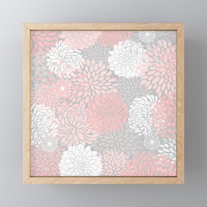 Festive, Floral Prints, Bloom Mix, White and Pink on Grey Mini Art Print Gallery Image 1