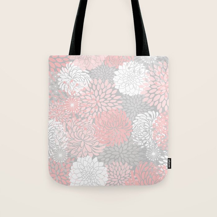 Festive, Floral Prints, Bloom Mix, White and Pink on Grey Tote Bag Gallery Image 1
