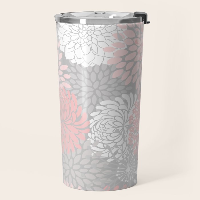 Festive, Floral Prints, Bloom Mix, White and Pink on Grey Travel Mug Gallery Image 2