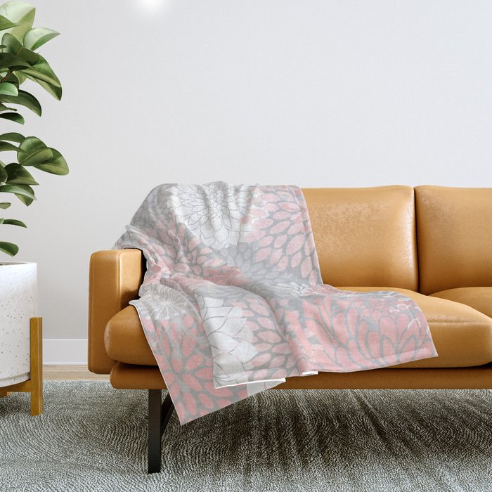 Festive, Floral Prints, Bloom Mix, White and Pink on Grey Throw Blanket Gallery Image 1