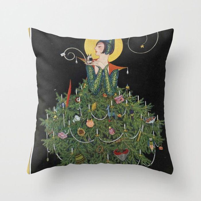 Vintage Fashion Magazine Cover - Illustration December 1914 - Christmas Tree Woman Throw Pillow Gallery Image 1