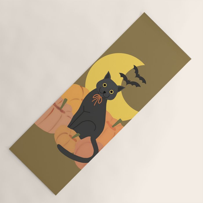 Cute Halloween Black Cat with Pumpkins and Bats Yoga Mat Gallery Image 1