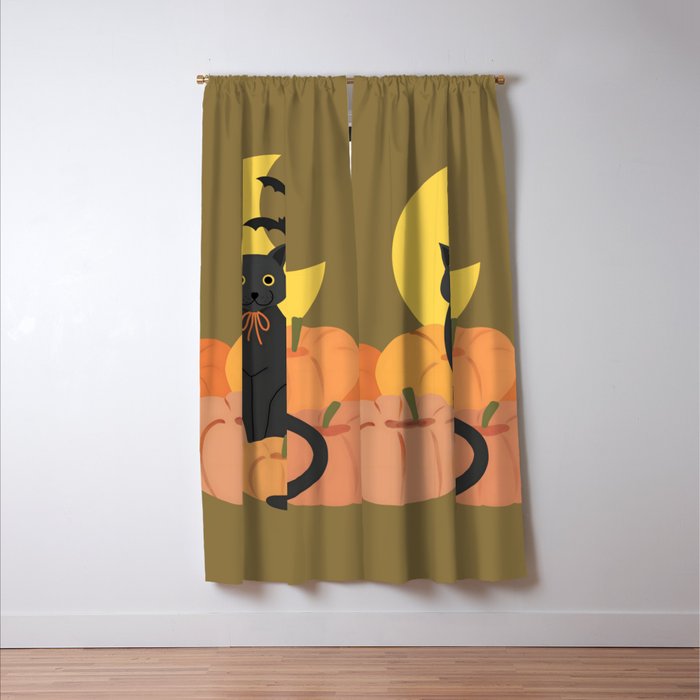 Cute Halloween Black Cat with Pumpkins and Bats Window Curtain Gallery Image 3