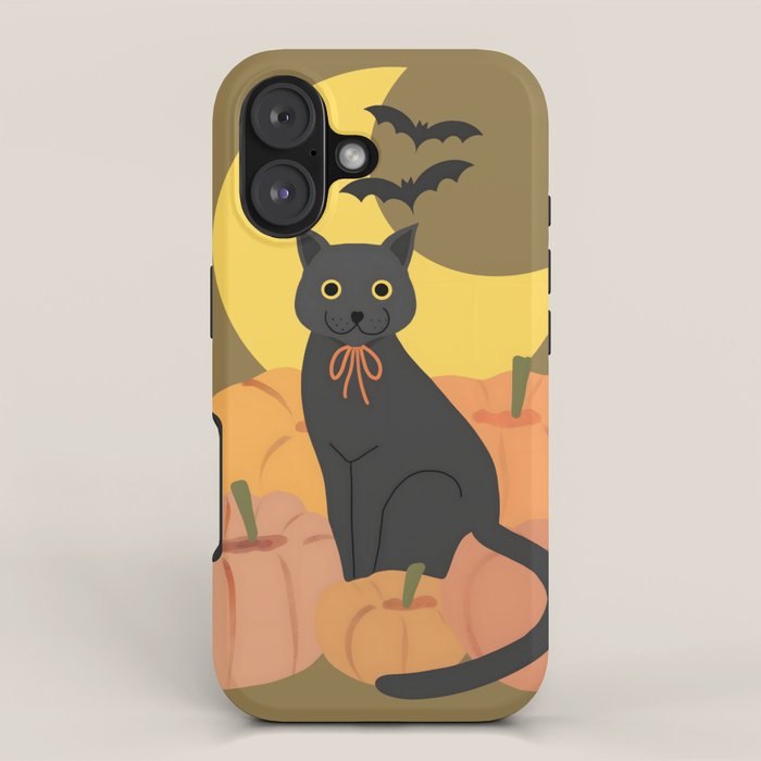 Cute Halloween Black Cat with Pumpkins and Bats iPhone Case Gallery Image 1