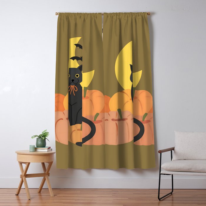 Cute Halloween Black Cat with Pumpkins and Bats Window Curtain Gallery Image 1