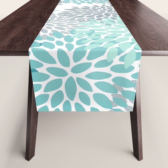 Floral Pattern, Aqua, Teal, Turquoise and Gray Table Runner Gallery Image 1
