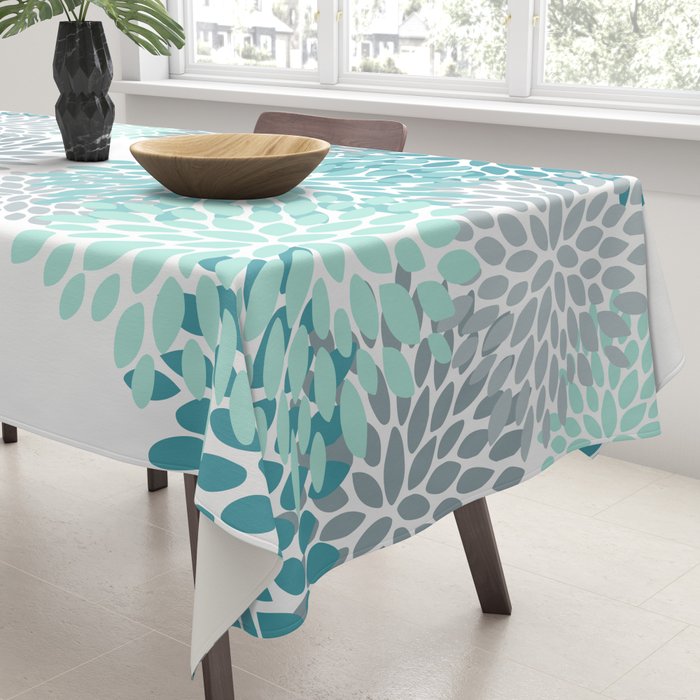 Floral Pattern, Aqua, Teal, Turquoise and Gray Tablecloth Gallery Image 3