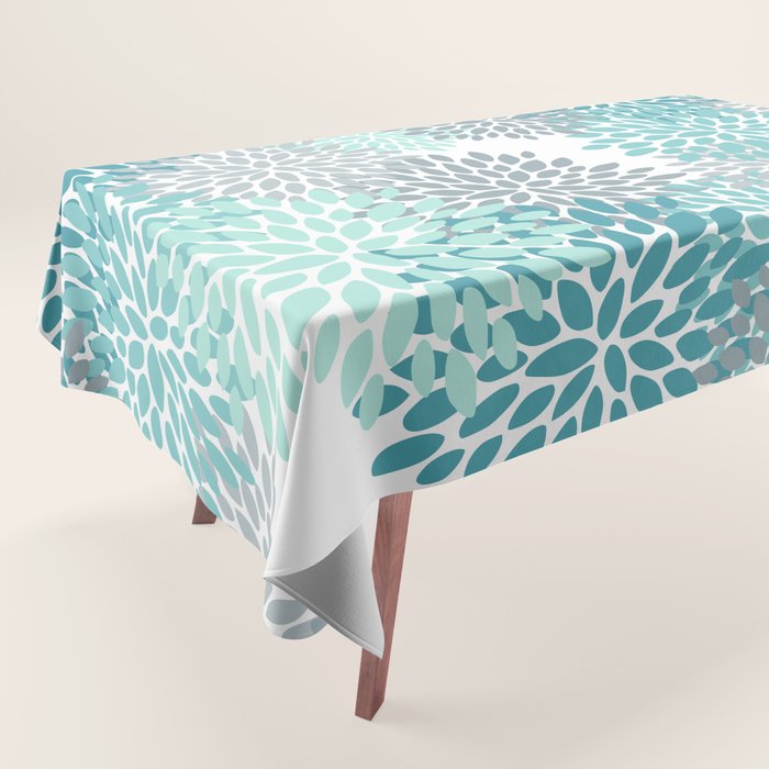 Floral Pattern, Aqua, Teal, Turquoise and Gray Tablecloth Gallery Image 1