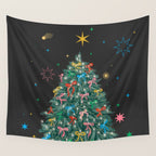Colorful Christmas Tree with Bows and Stars on Black Background Wall Tapestry Gallery Image 4