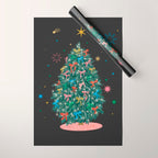 Colorful Christmas Tree with Bows and Stars on Black Background Wrapping Paper Gallery Image 1