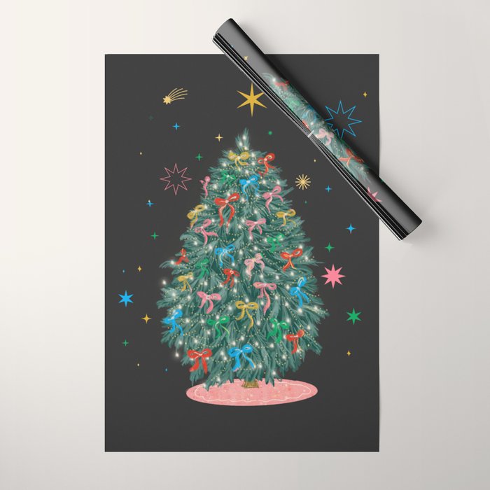 Colorful Christmas Tree with Bows and Stars on Black Background Wrapping Paper Gallery Image 1