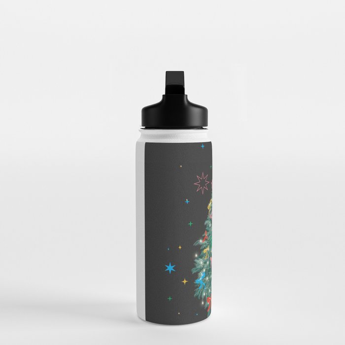 Colorful Christmas Tree with Bows and Stars on Black Background Water Bottle Gallery Image 3