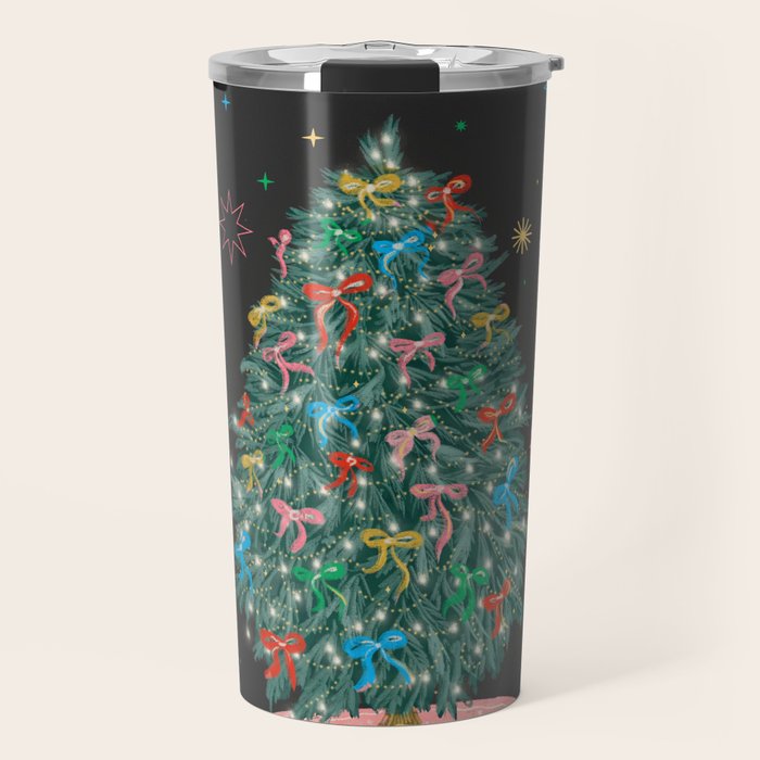 Colorful Christmas Tree with Bows and Stars on Black Background Travel Mug Gallery Image 1