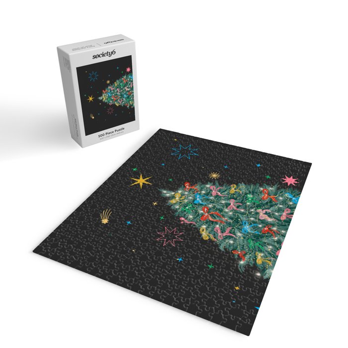 Colorful Christmas Tree with Bows and Stars on Black Background Jigsaw Puzzle Gallery Image 2