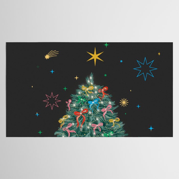Colorful Christmas Tree with Bows and Stars on Black Background Tablecloth Gallery Image 2