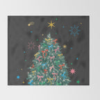 Colorful Christmas Tree with Bows and Stars on Black Background Throw Blanket Gallery Image 2