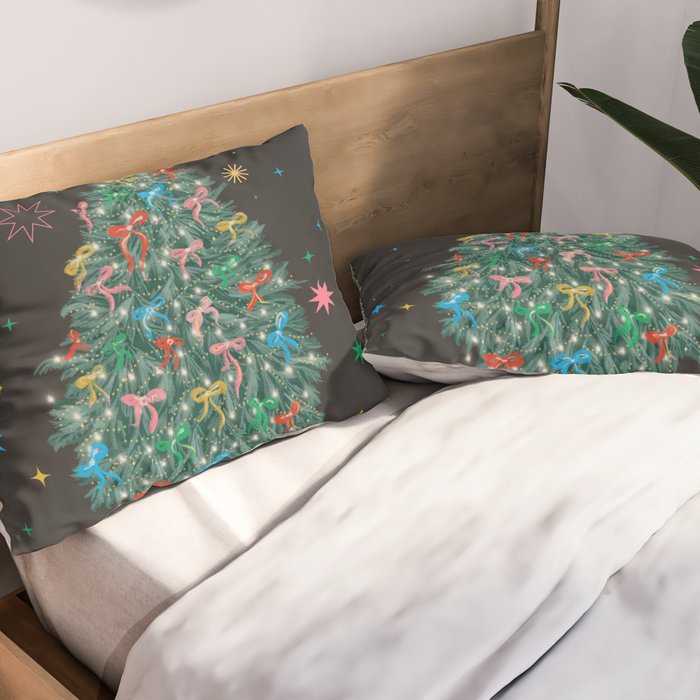 Colorful Christmas Tree with Bows and Stars on Black Background Pillow Sham Gallery Image 2