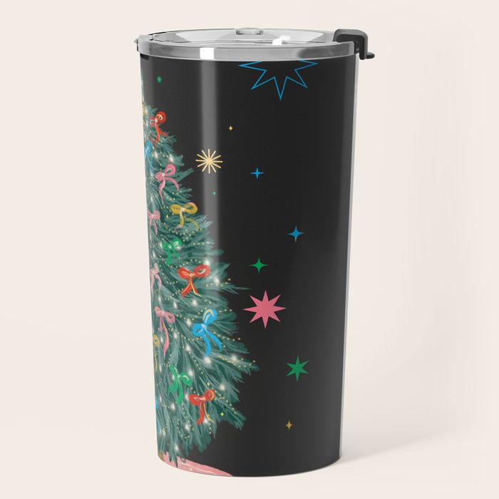 Colorful Christmas Tree with Bows and Stars on Black Background Travel Mug Gallery Image 2