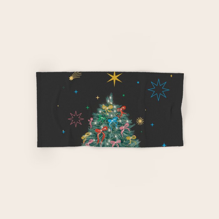 Colorful Christmas Tree with Bows and Stars on Black Background Bath Towel Gallery Image 1